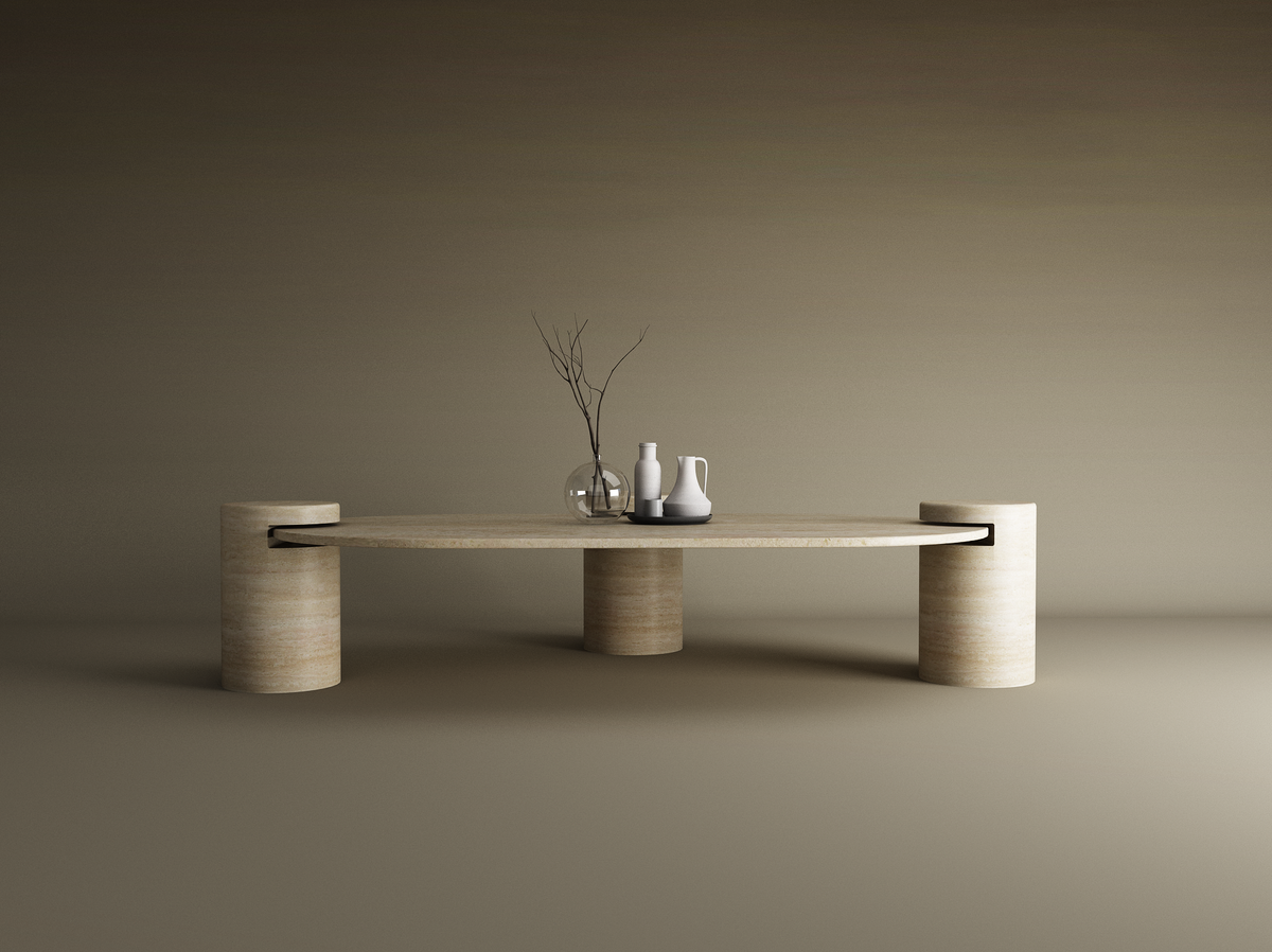 Albaia – Table basse ovale en travertin naturel avec base cylindrique-Galerie Pietra