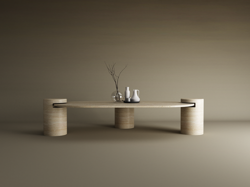 Albaia – Table basse ovale en travertin naturel avec base cylindrique-Galerie Pietra