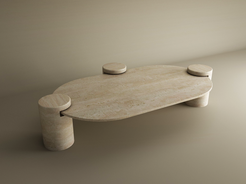Albaia – Table basse ovale en travertin naturel avec base cylindrique-Galerie Pietra
