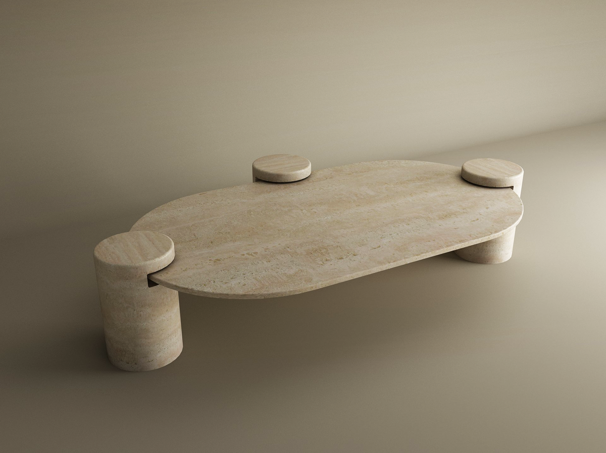 Albaia – Table basse ovale en travertin naturel avec base cylindrique-Galerie Pietra