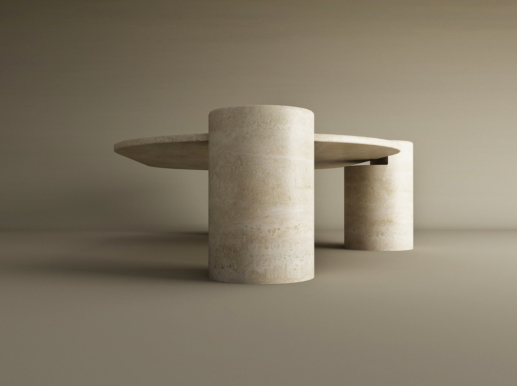Albaia – Table basse ovale en travertin naturel avec base cylindrique-Galerie Pietra