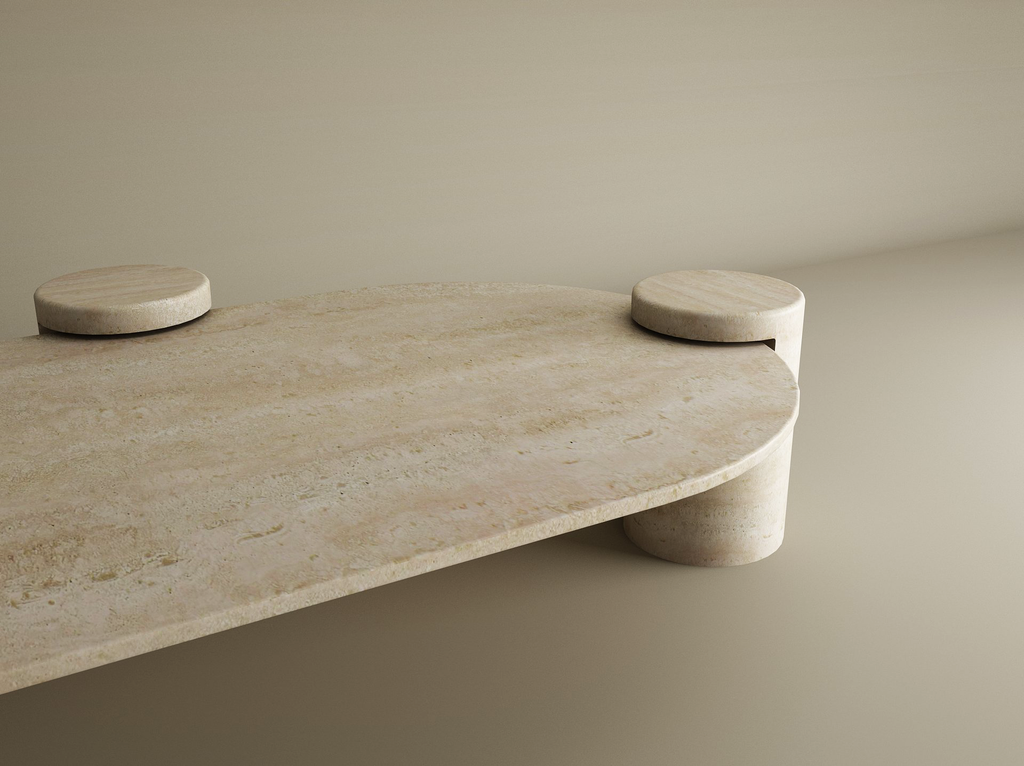 Albaia – Table basse ovale en travertin naturel avec base cylindrique-Galerie Pietra