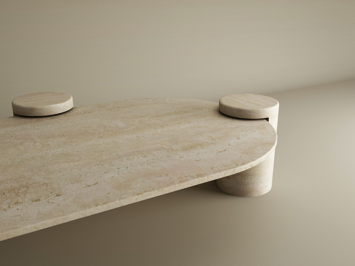 Albaia – Table basse ovale en travertin naturel avec base cylindrique-Galerie Pietra