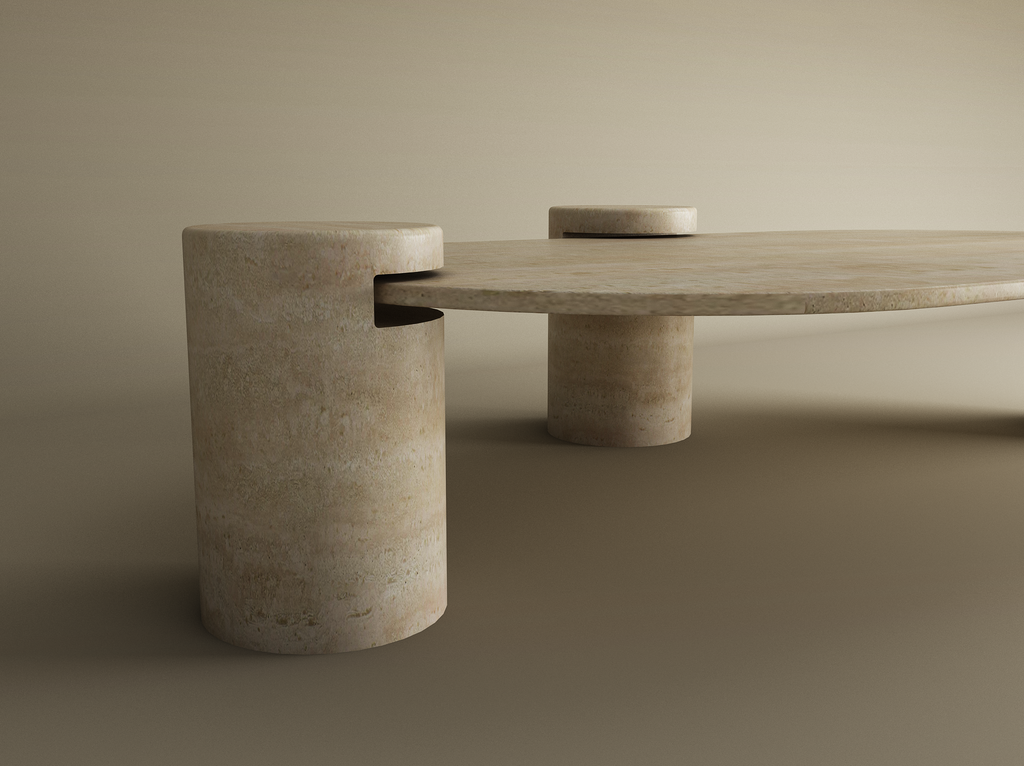 Albaia – Table basse ovale en travertin naturel avec base cylindrique-Galerie Pietra