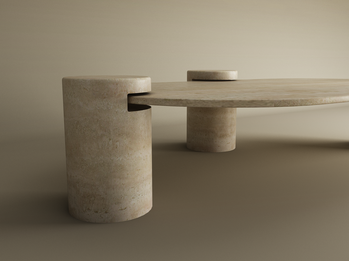 Albaia – Table basse ovale en travertin naturel avec base cylindrique-Galerie Pietra