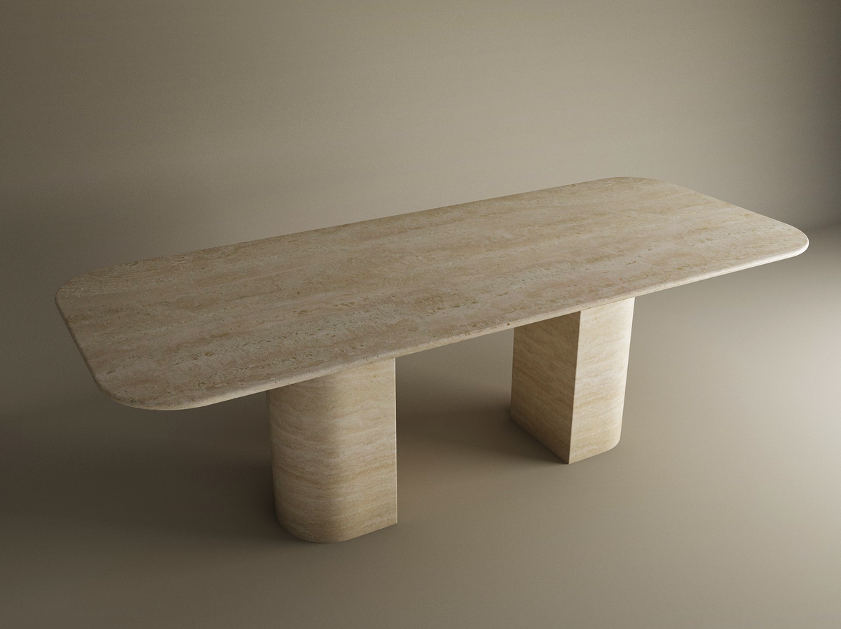 Aurel – Table à manger rectangulaire en travertin naturel avec piètement incliné-Galerie Pietra