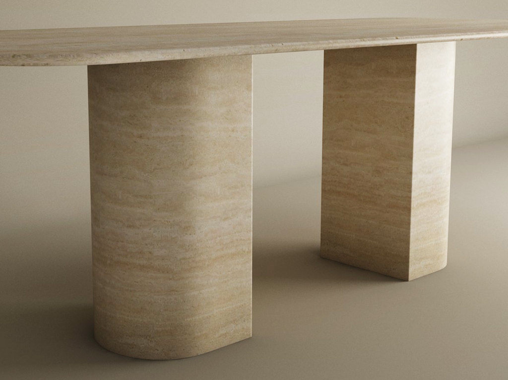 Aurel – Table à manger rectangulaire en travertin naturel avec piètement incliné-Galerie Pietra
