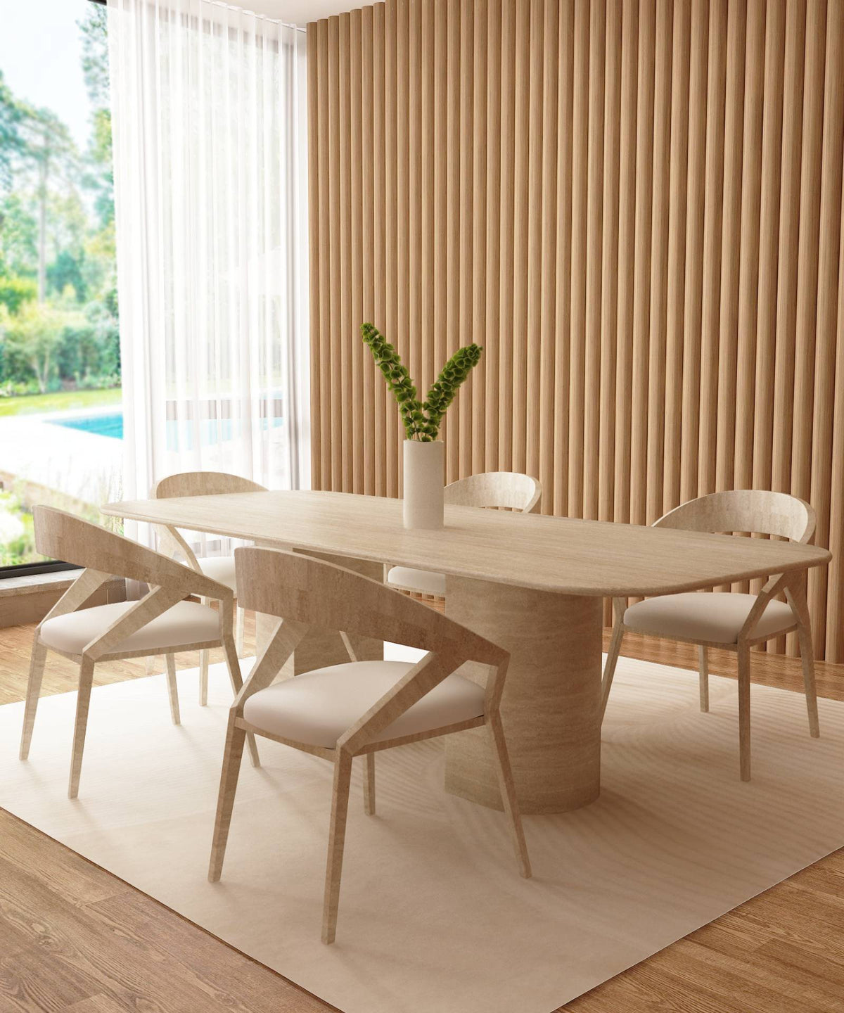 Aurel – Table à manger rectangulaire en travertin naturel avec piètement incliné-Galerie Pietra
