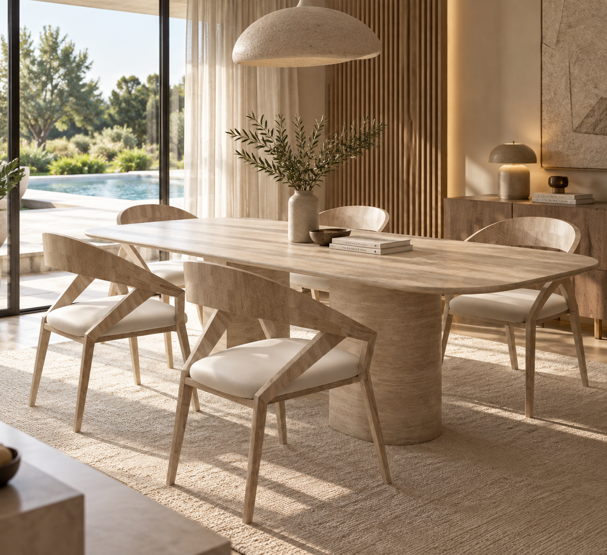 Aurel – Table à manger rectangulaire en travertin naturel avec piètement incliné-Galerie Pietra