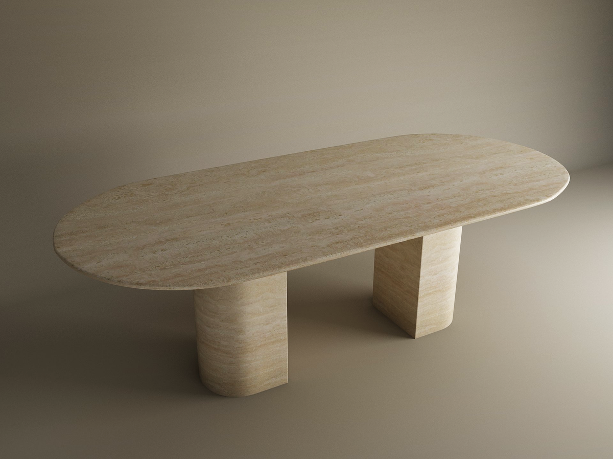 Avena – Table à manger ovale en travertin naturel avec piètement incliné-Galerie Pietra