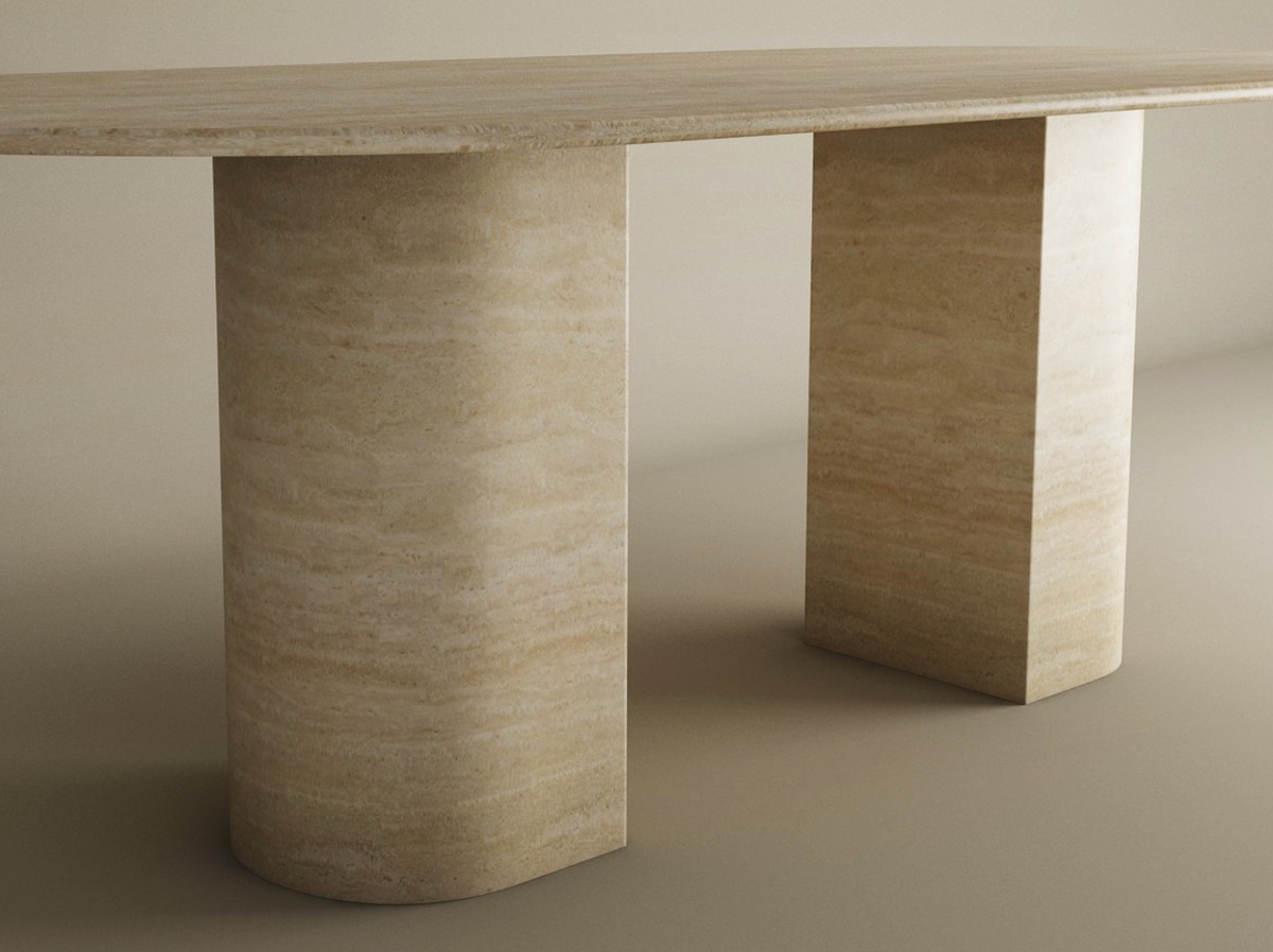Avena – Table à manger ovale en travertin naturel avec piètement incliné-Galerie Pietra