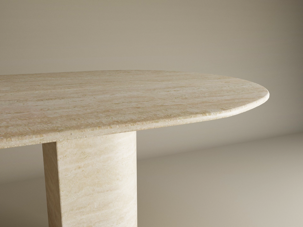 Avena – Table à manger ovale en travertin naturel avec piètement incliné-Galerie Pietra