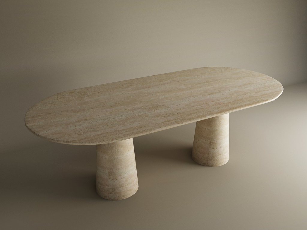 Calia – Table à manger ovale en travertin naturel avec piètement conique-Galerie Pietra
