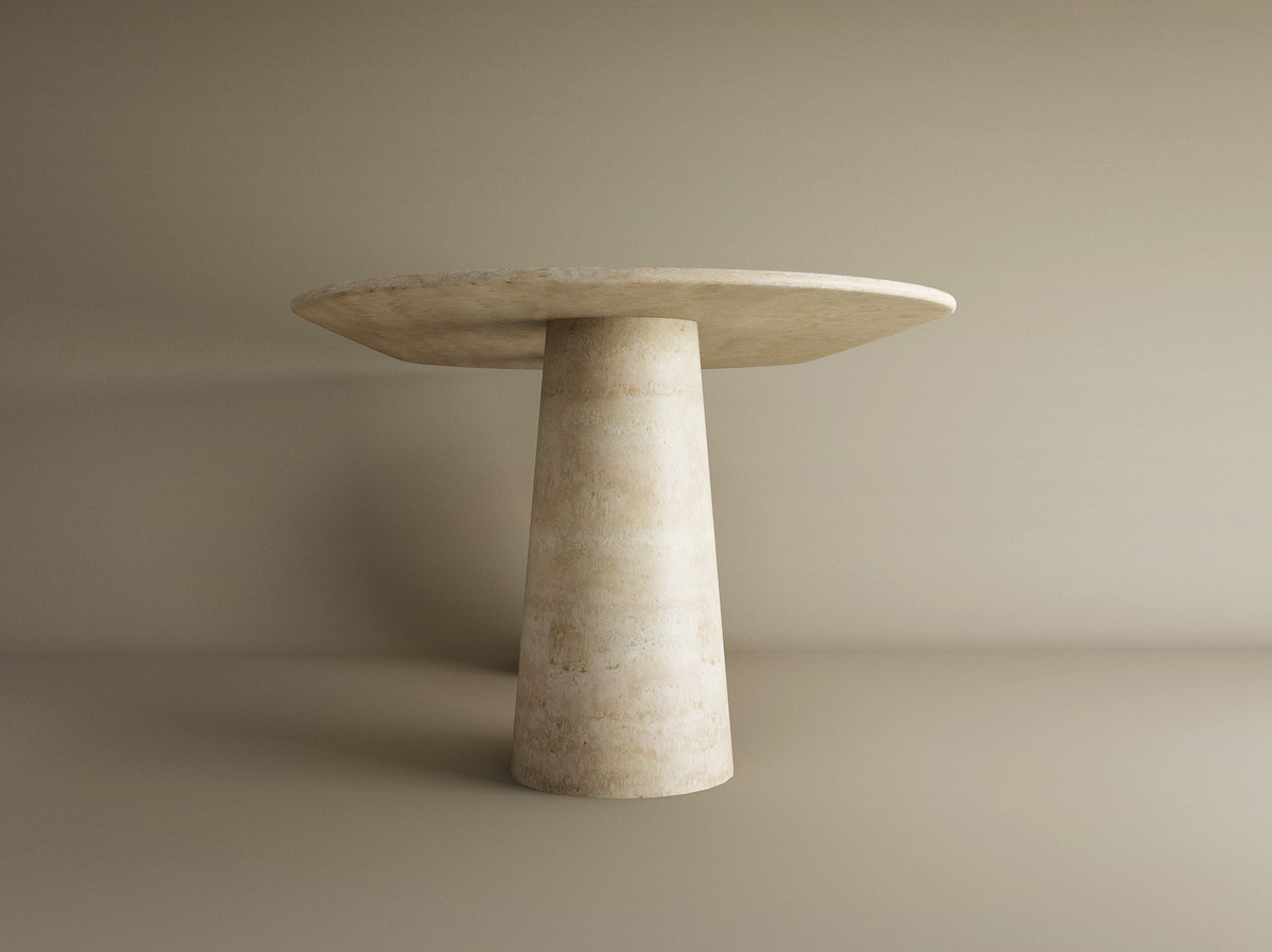 Calia – Table à manger ovale en travertin naturel avec piètement conique-Galerie Pietra