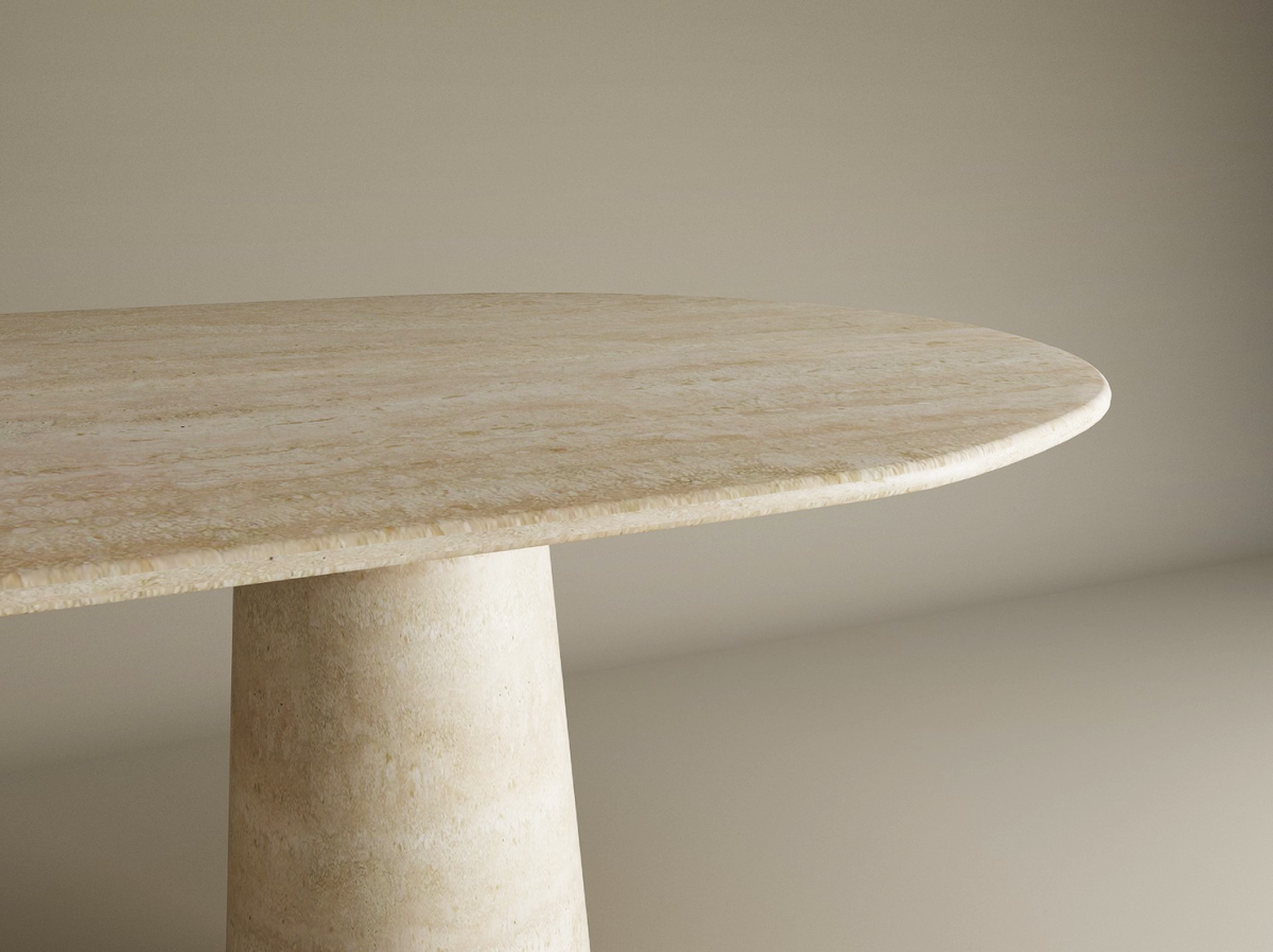 Calia – Table à manger ovale en travertin naturel avec piètement conique-Galerie Pietra