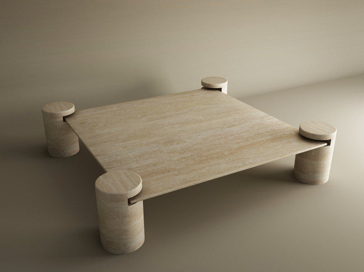 Cylos – Table basse carrée en travertin naturel avec pieds cylindriques-Galerie Pietra
