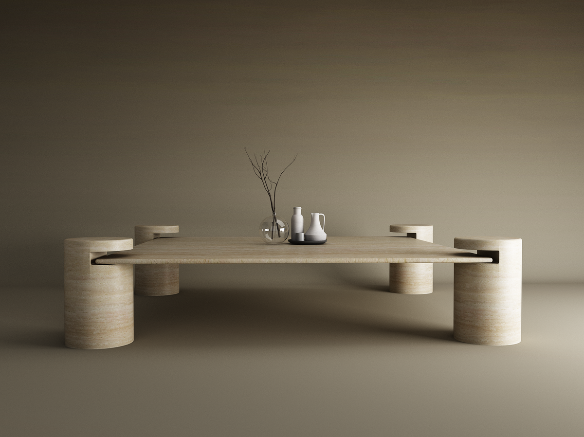 Cylos – Table basse carrée en travertin naturel avec pieds cylindriques-Galerie Pietra