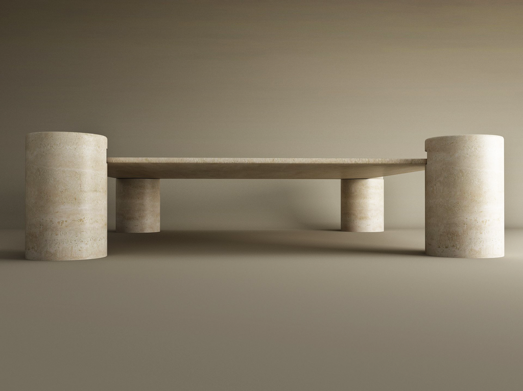 Cylos – Table basse carrée en travertin naturel avec pieds cylindriques-Galerie Pietra
