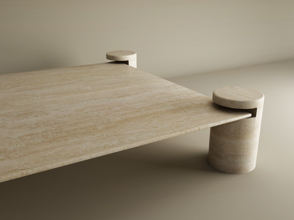 Cylos – Table basse carrée en travertin naturel avec pieds cylindriques-Galerie Pietra
