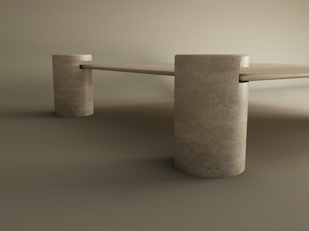 Cylos – Table basse carrée en travertin naturel avec pieds cylindriques-Galerie Pietra