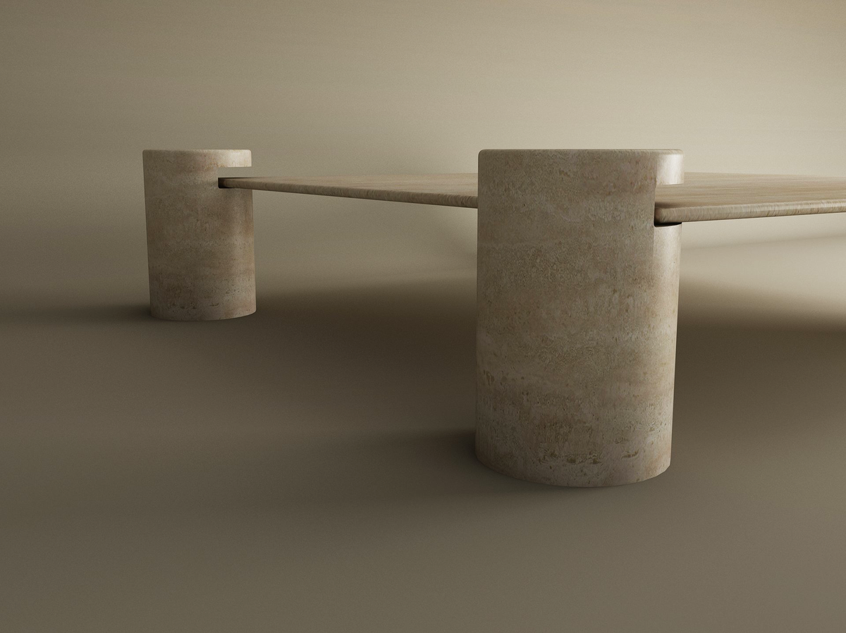 Cylos – Table basse carrée en travertin naturel avec pieds cylindriques-Galerie Pietra