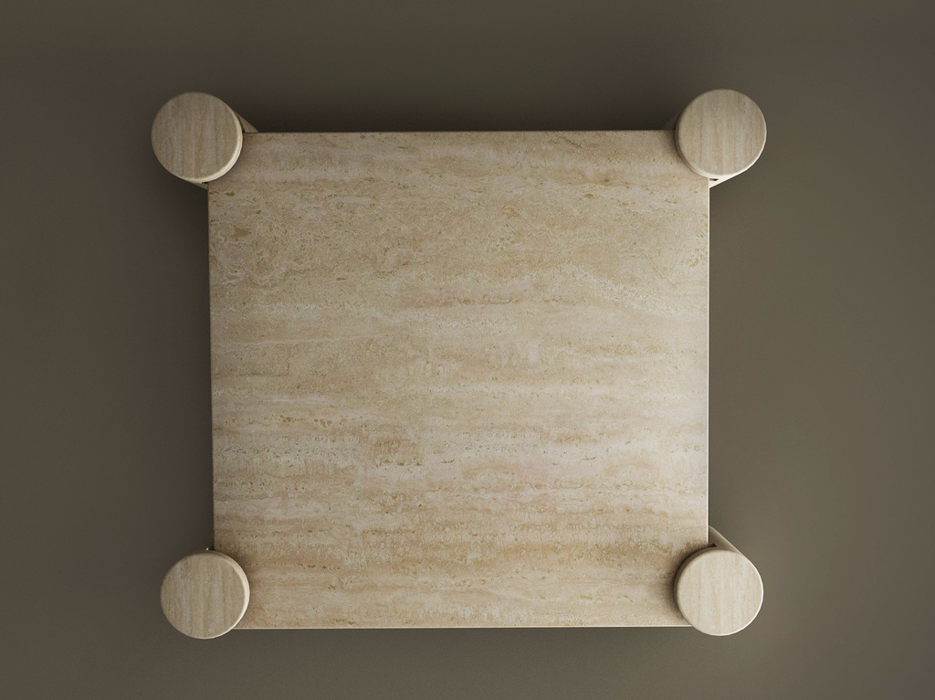 Cylos – Table basse carrée en travertin naturel avec pieds cylindriques-Galerie Pietra