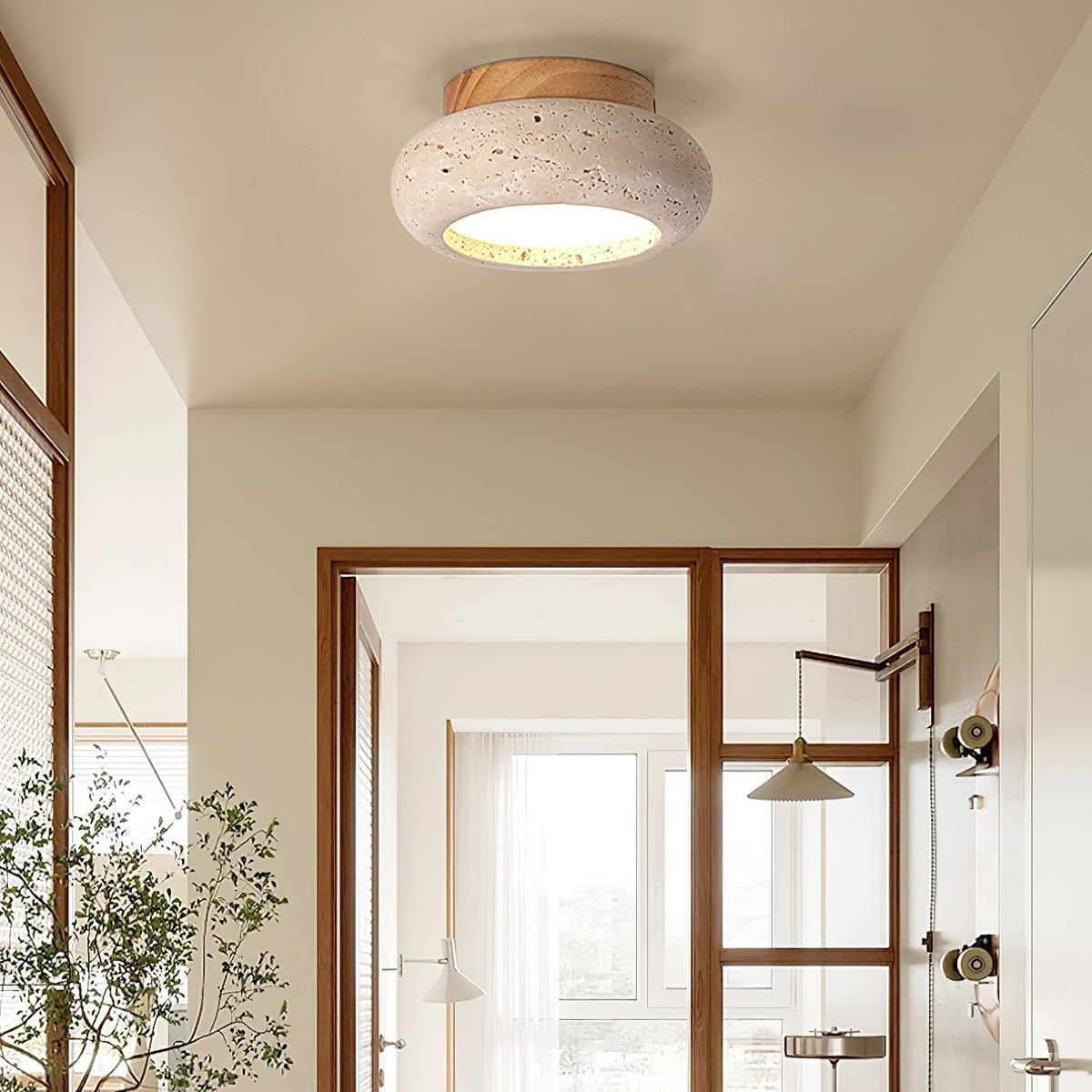 Dona – Mini plafonnier rond en travertin naturel-Galerie Pietra