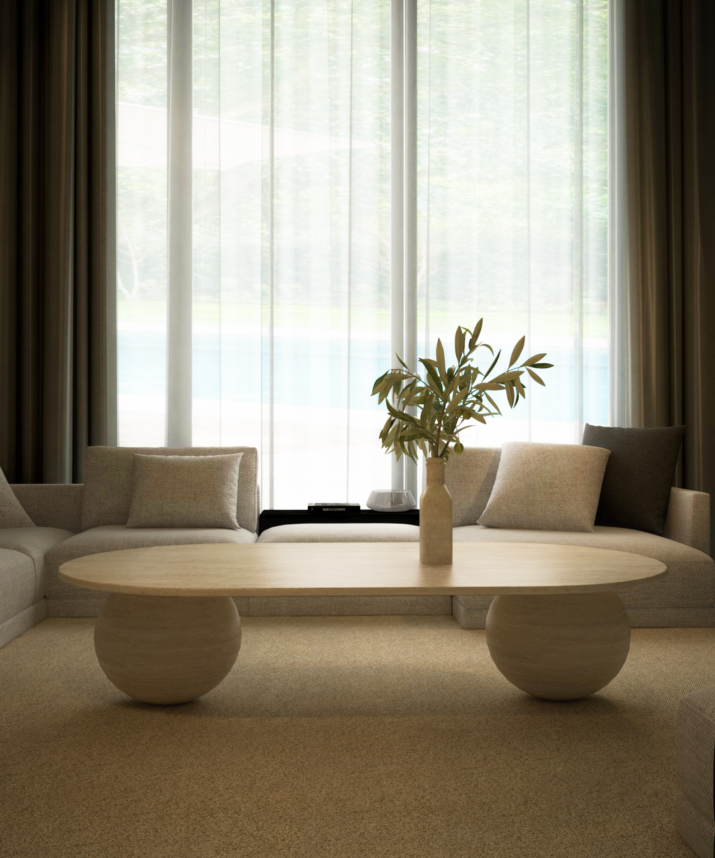 Elara – Table basse ovale en travertin naturel avec bases sphériques-Galerie Pietra