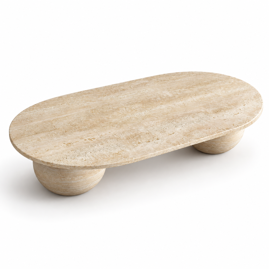 Elara – Table basse ovale en travertin naturel avec bases sphériques-Galerie Pietra