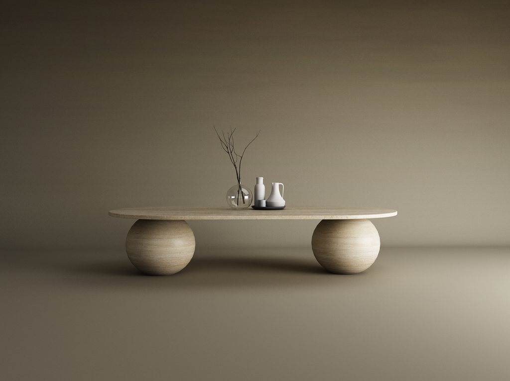 Elara – Table basse ovale en travertin naturel avec bases sphériques-Galerie Pietra