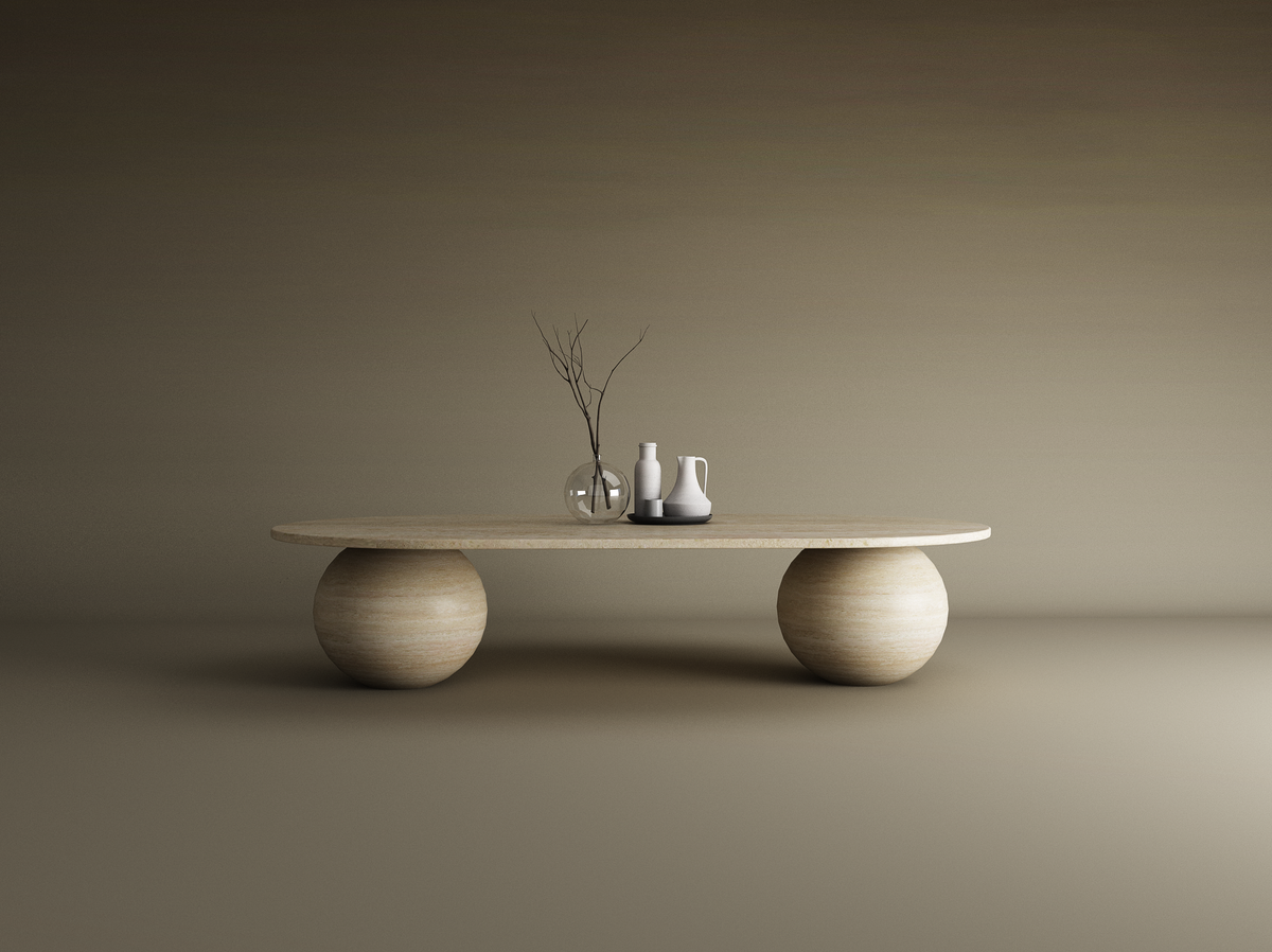 Elara – Table basse ovale en travertin naturel avec bases sphériques-Galerie Pietra