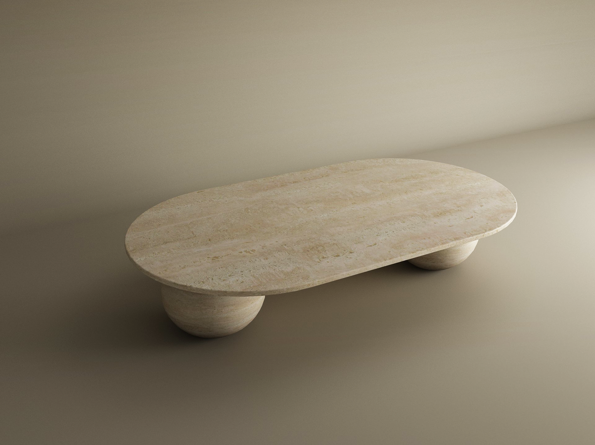 Elara – Table basse ovale en travertin naturel avec bases sphériques-Galerie Pietra