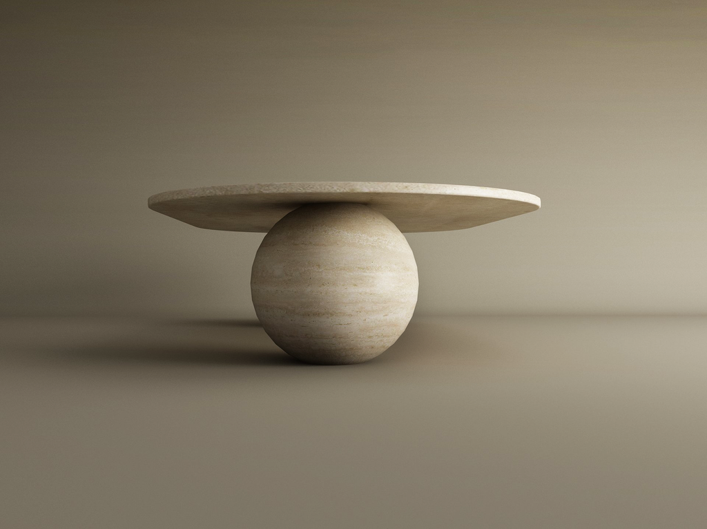 Elara – Table basse ovale en travertin naturel avec bases sphériques-Galerie Pietra