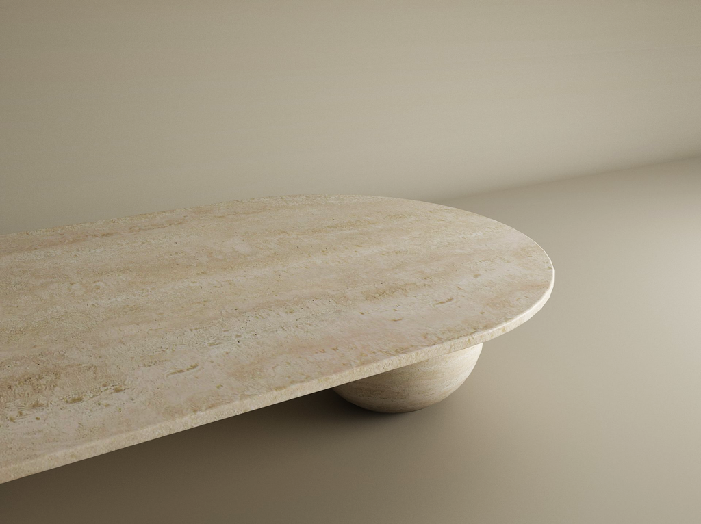 Elara – Table basse ovale en travertin naturel avec bases sphériques-Galerie Pietra