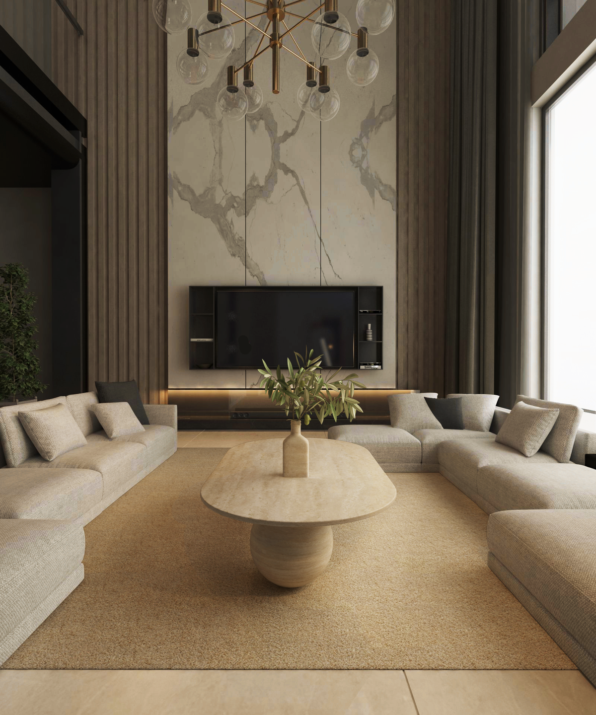 Elara – Table basse ovale en travertin naturel avec bases sphériques-Galerie Pietra