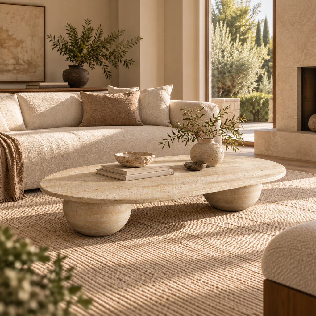 Elara – Table basse ovale en travertin naturel avec bases sphériques-Galerie Pietra