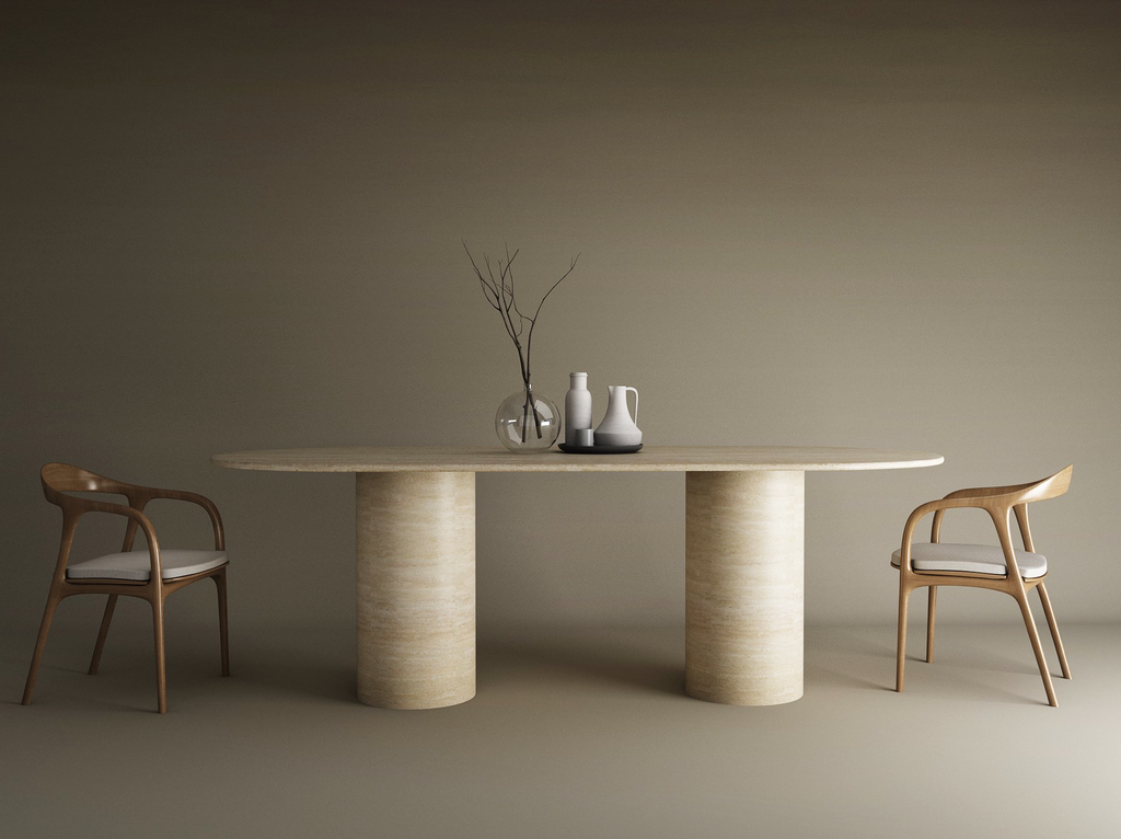 Elena – Table à manger ovale en travertin naturel avec base cylindrique lisse-Galerie Pietra