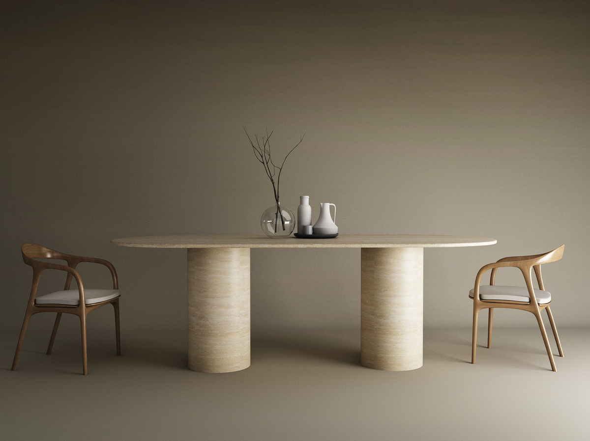 Elena – Table à manger ovale en travertin naturel avec base cylindrique lisse-Galerie Pietra