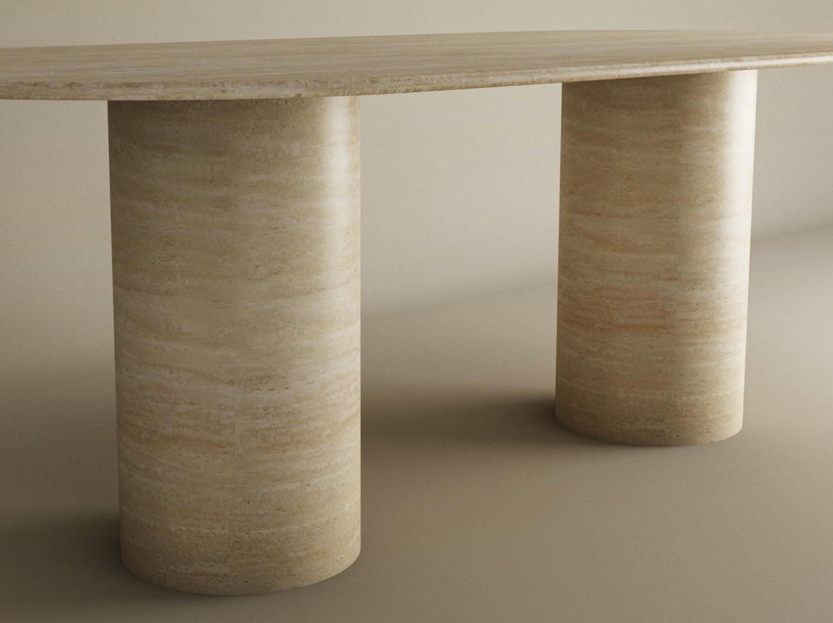 Elena – Table à manger ovale en travertin naturel avec base cylindrique lisse-Galerie Pietra