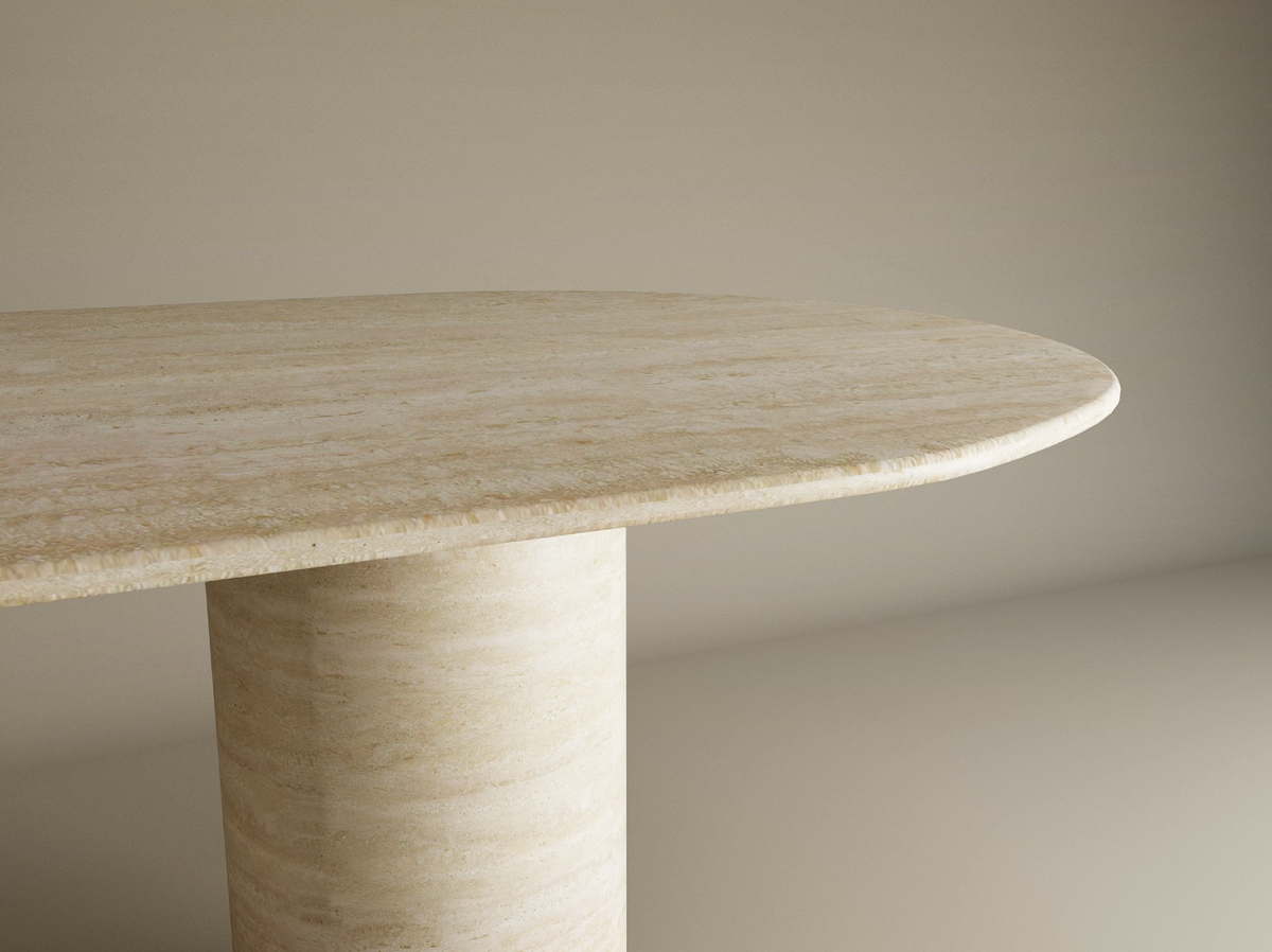 Elena – Table à manger ovale en travertin naturel avec base cylindrique lisse-Galerie Pietra