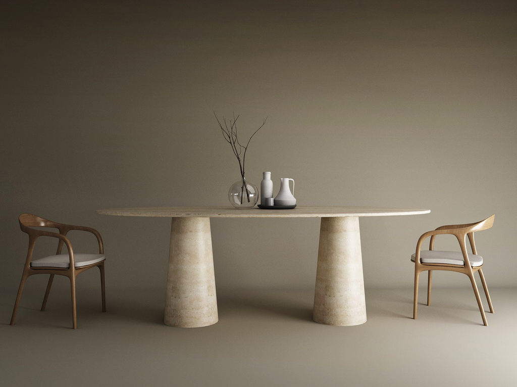 Elyon – Table à manger elliptique en travertin naturel avec piètement conique-Galerie Pietra