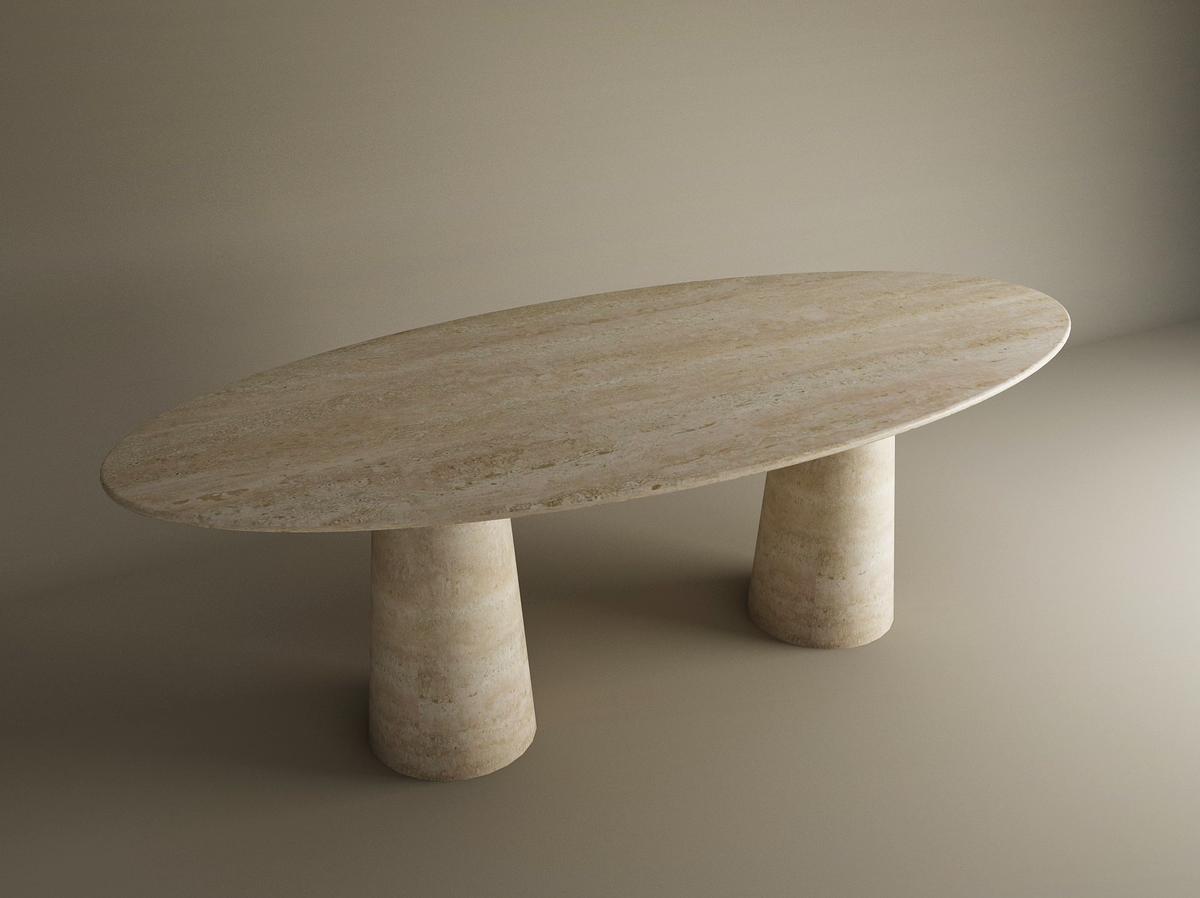 Elyon – Table à manger elliptique en travertin naturel avec piètement conique-Galerie Pietra