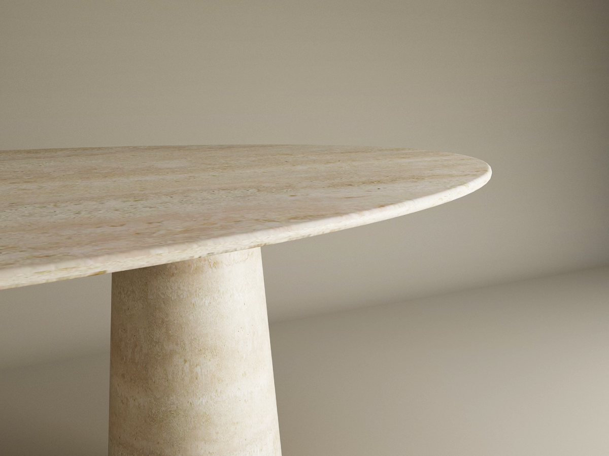 Elyon – Table à manger elliptique en travertin naturel avec piètement conique-Galerie Pietra