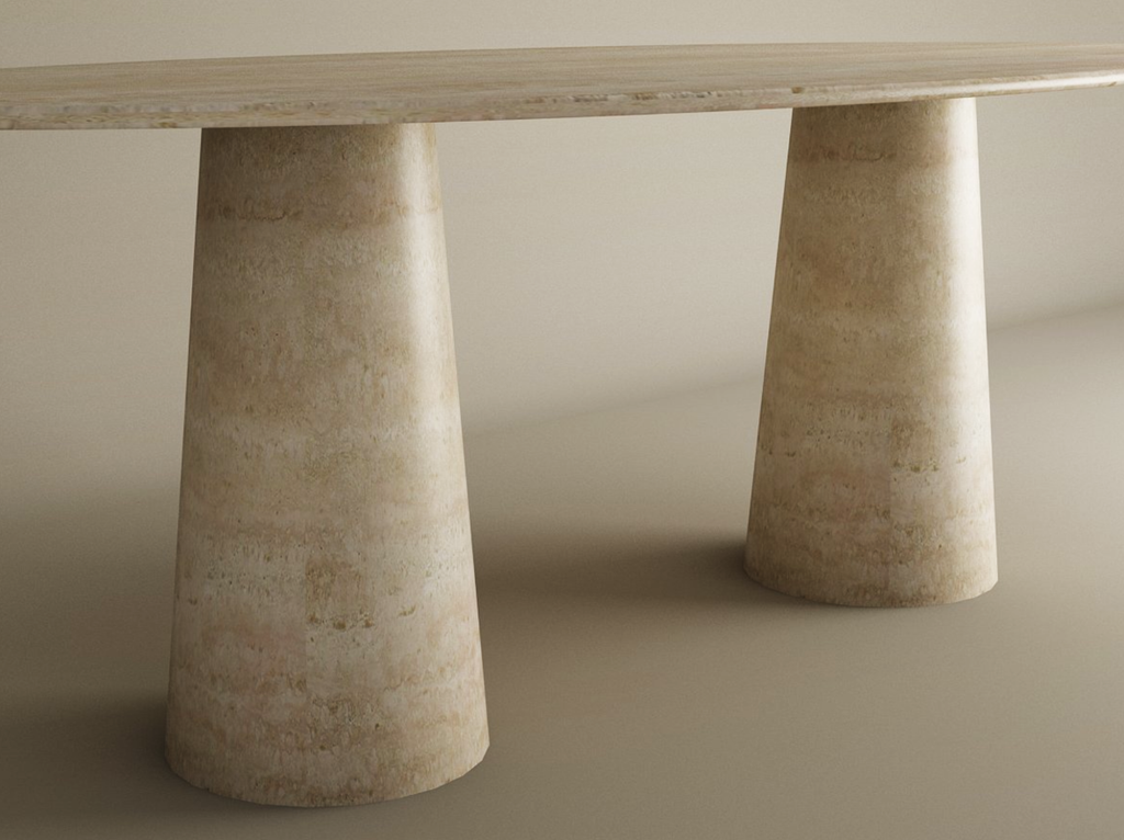 Elyon – Table à manger elliptique en travertin naturel avec piètement conique-Galerie Pietra