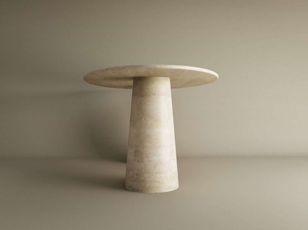 Elyon – Table à manger elliptique en travertin naturel avec piètement conique-Galerie Pietra