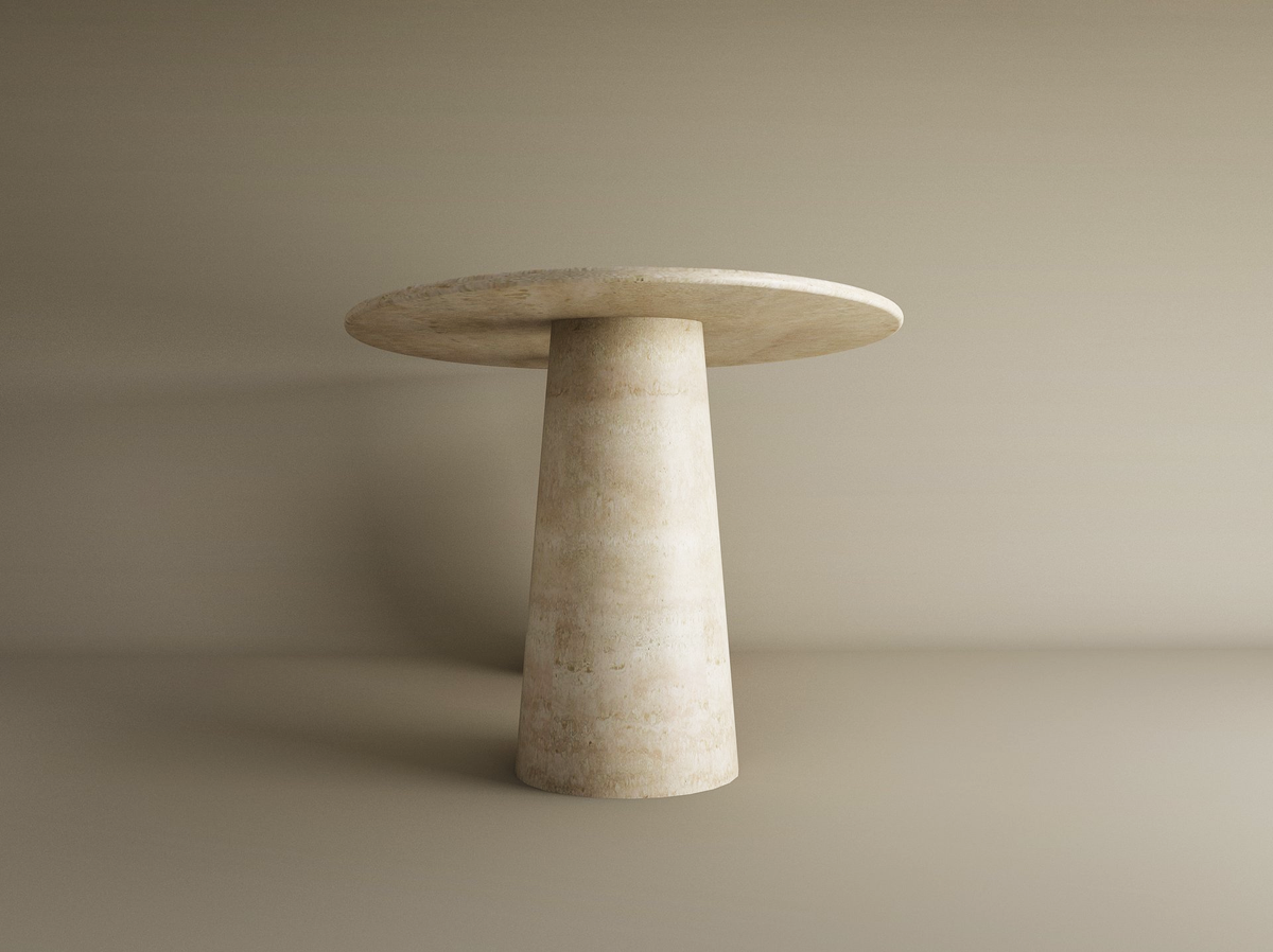 Elyon – Table à manger elliptique en travertin naturel avec piètement conique-Galerie Pietra