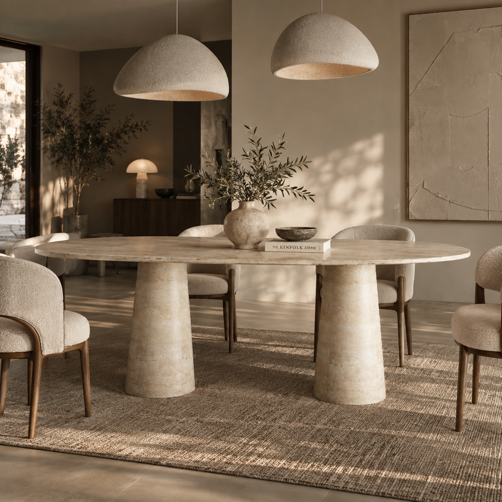 Elyon – Table à manger elliptique en travertin naturel avec piètement conique-Galerie Pietra