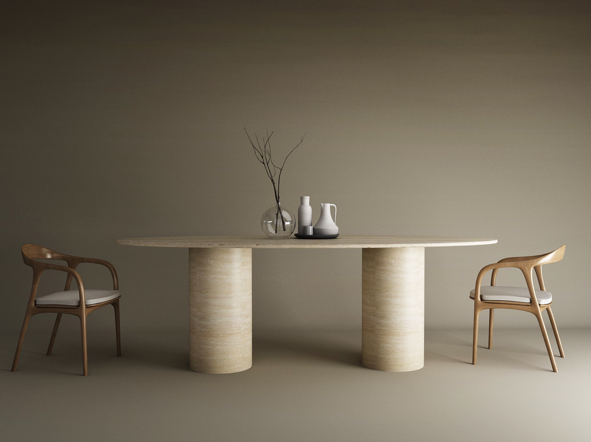 Elyra – Table à manger elliptique en travertin naturel avec base cylindrique lisse-Galerie Pietra