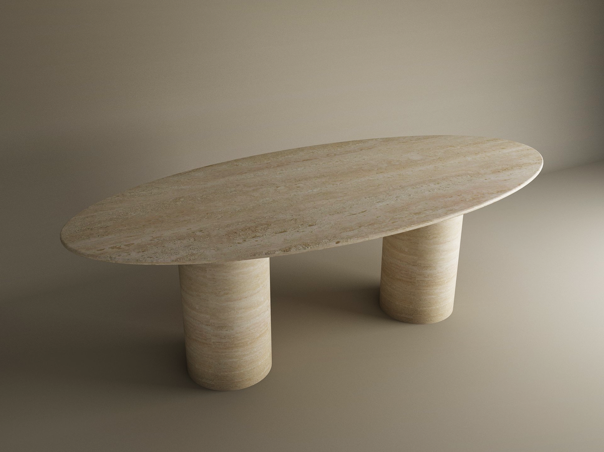 Elyra – Table à manger elliptique en travertin naturel avec base cylindrique lisse-Galerie Pietra
