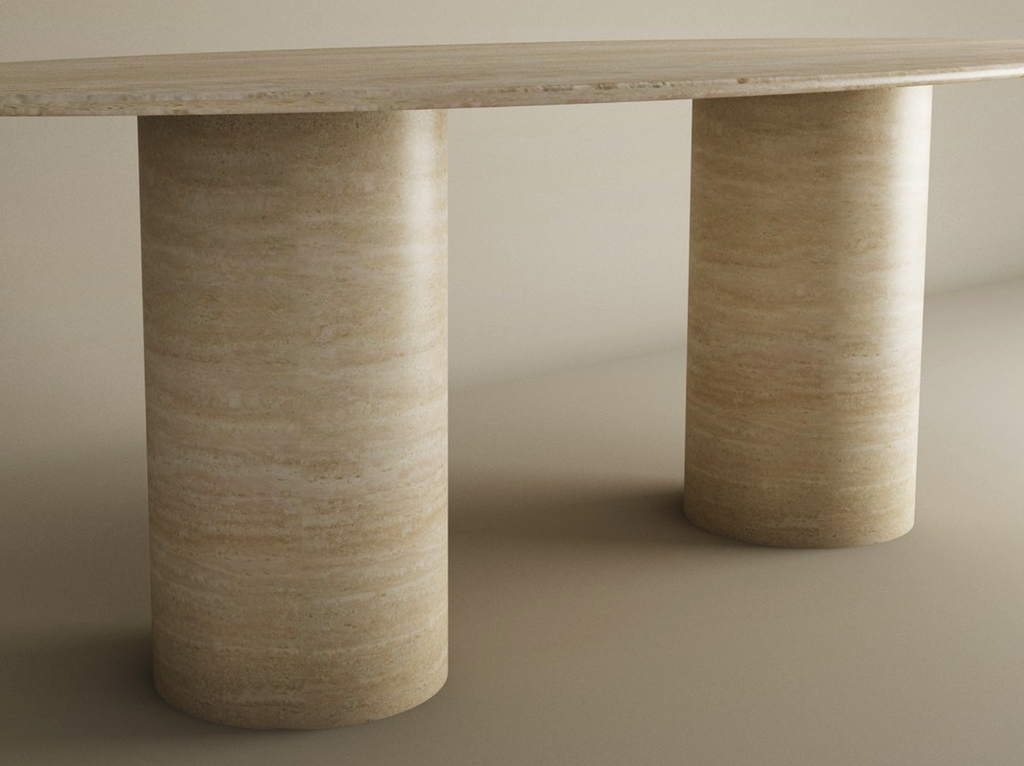 Elyra – Table à manger elliptique en travertin naturel avec base cylindrique lisse-Galerie Pietra